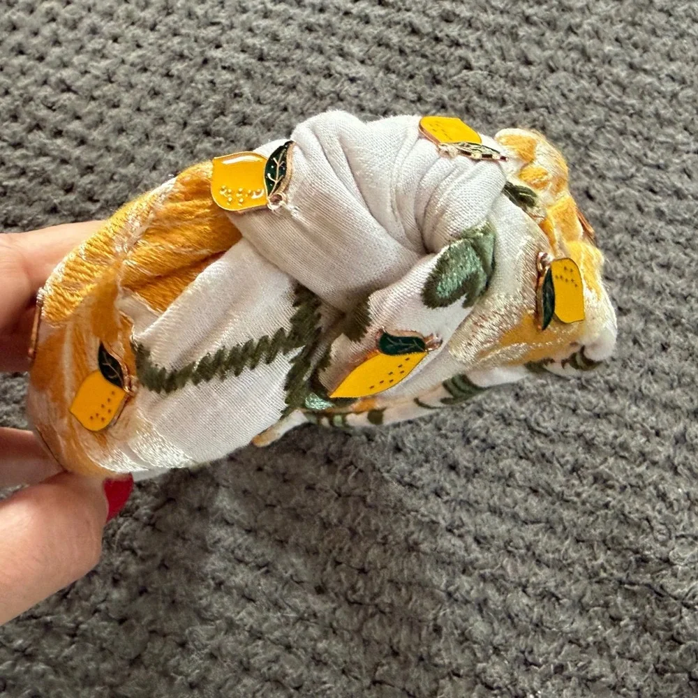 Yellow Lemon Embroidered Knotted Headband Fruit Charms Floral Anthropologie